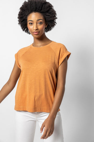 Boxy Cuffed Sleeve Crewneck Womens Top Honey A1