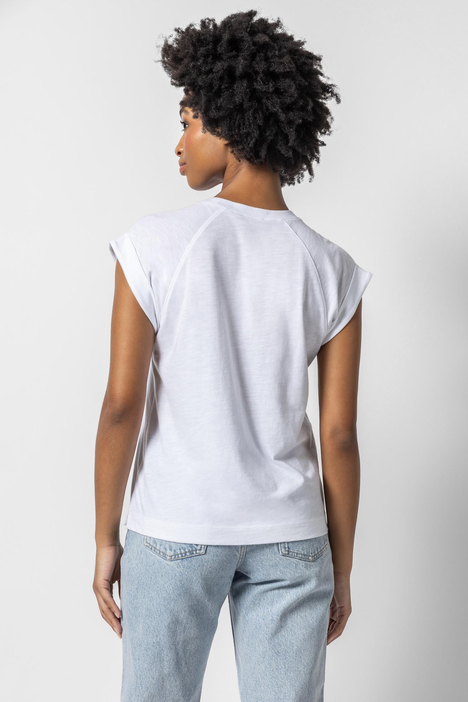 Boxy Cuffed Sleeve Crewneck Womens Top White A2