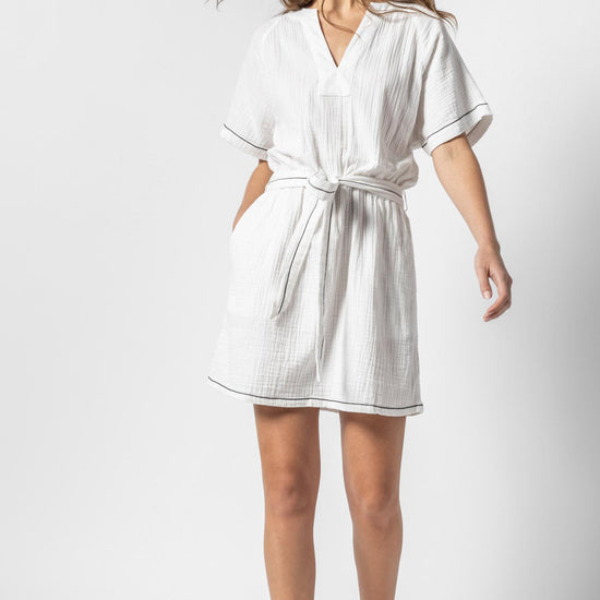 Belted Split Neck Dress Womens Dress White A1