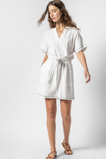 Belted Split Neck Dress Womens Dress White A1