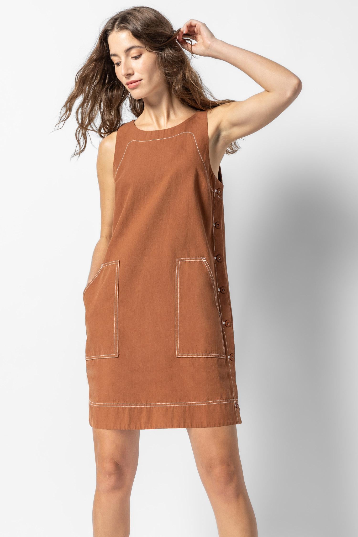 Side Button Canvas Dress Womens Dress Bronze A1