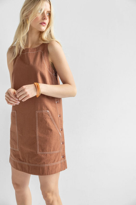 Side Button Canvas Dress Womens Dress Bronze C2