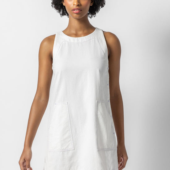 Side Button Canvas Dress Womens Dress White A1