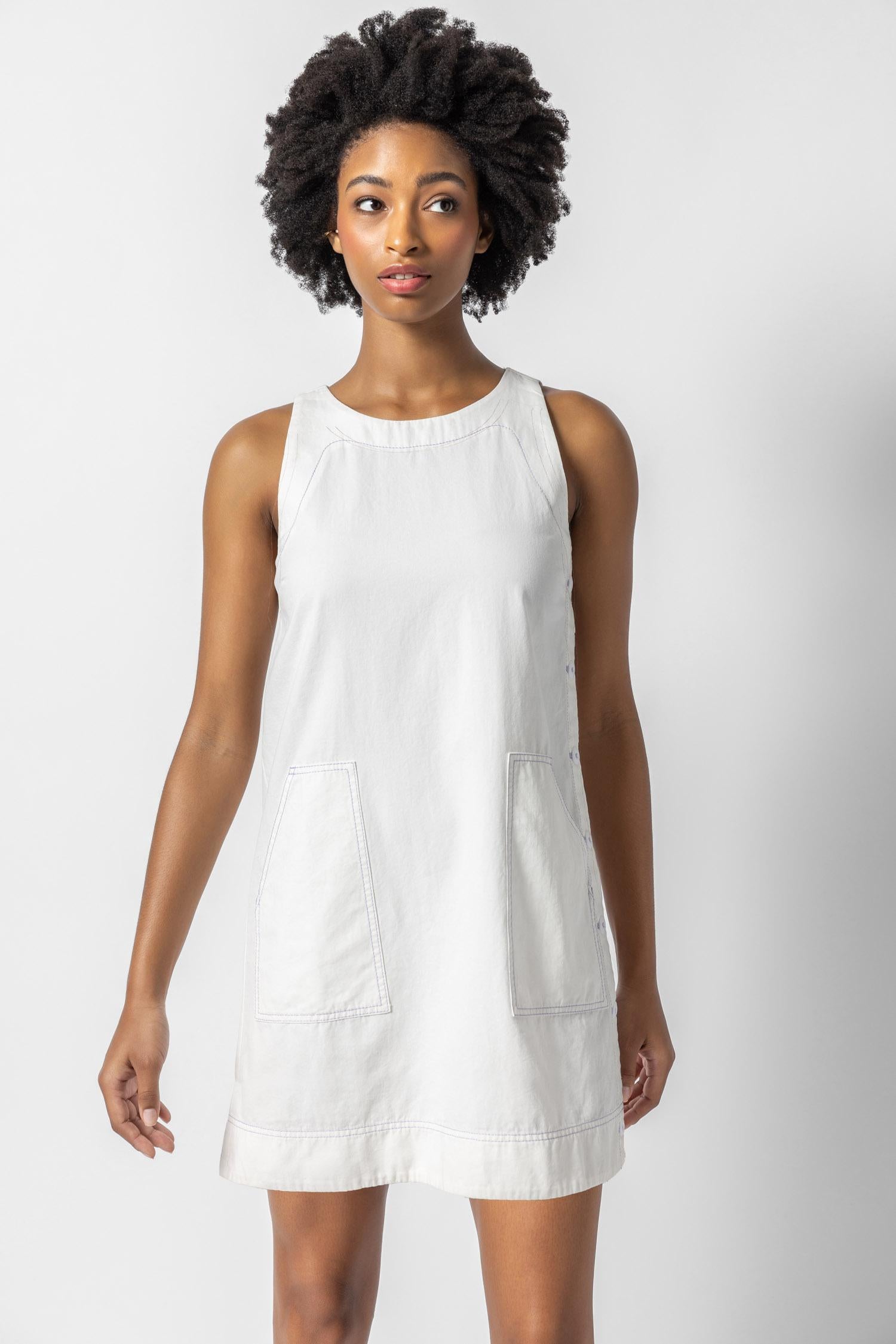 Side Button Canvas Dress Womens Dress White A1