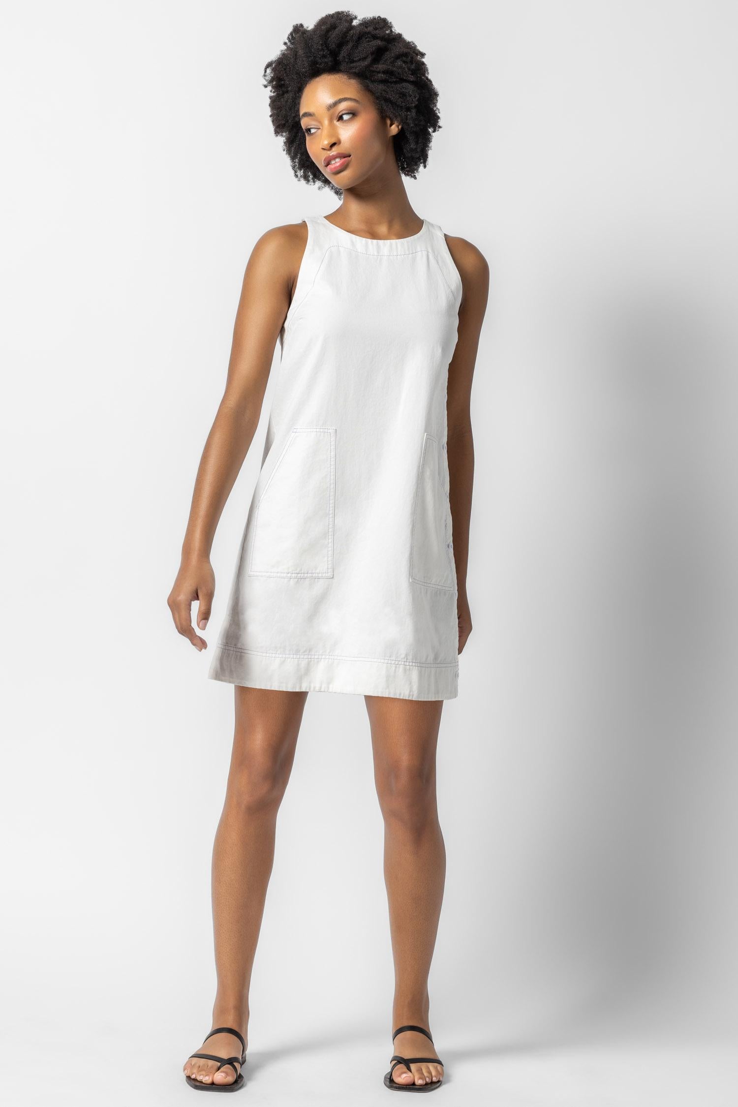 Side Button Canvas Dress Womens Dress White A3