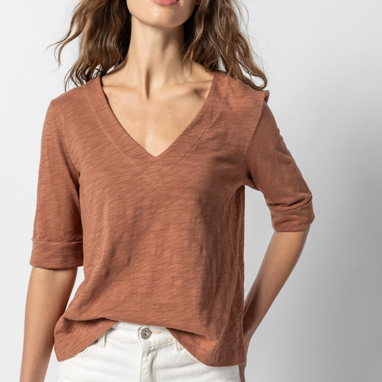 Cuffed Elbow Sleeve V-Neck Womens Top Burnt Sienna A1