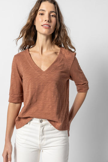 Cuffed Elbow Sleeve V-Neck Womens Top Burnt Sienna A1