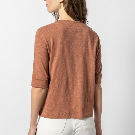 Cuffed Elbow Sleeve V-Neck Womens Top Burnt Sienna A2