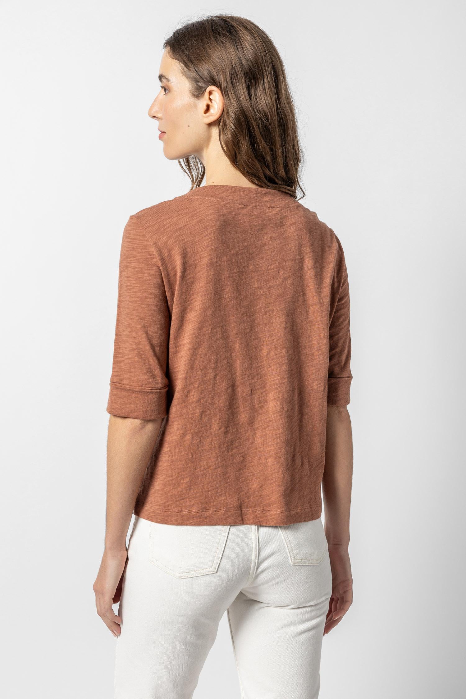 Cuffed Elbow Sleeve V-Neck Womens Top Burnt Sienna A2