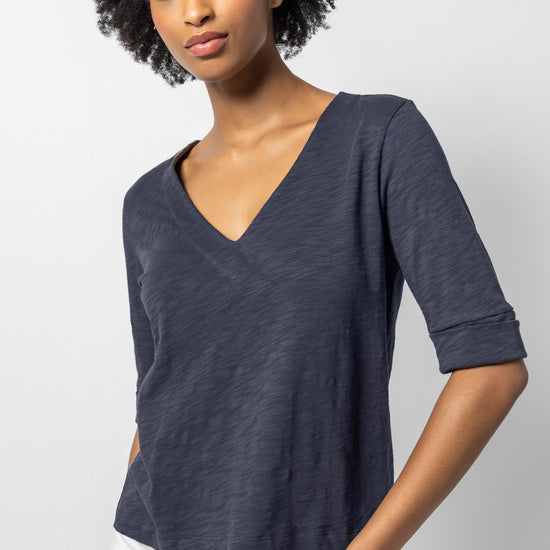 Cuffed Elbow Sleeve V-Neck Womens Top Navy A1