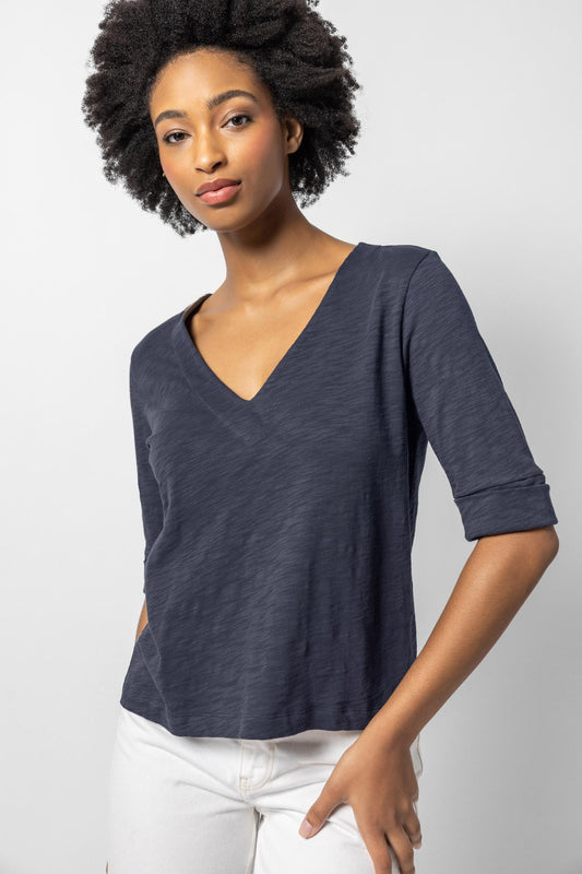 Cuffed Elbow Sleeve V-Neck Womens Top Navy A1