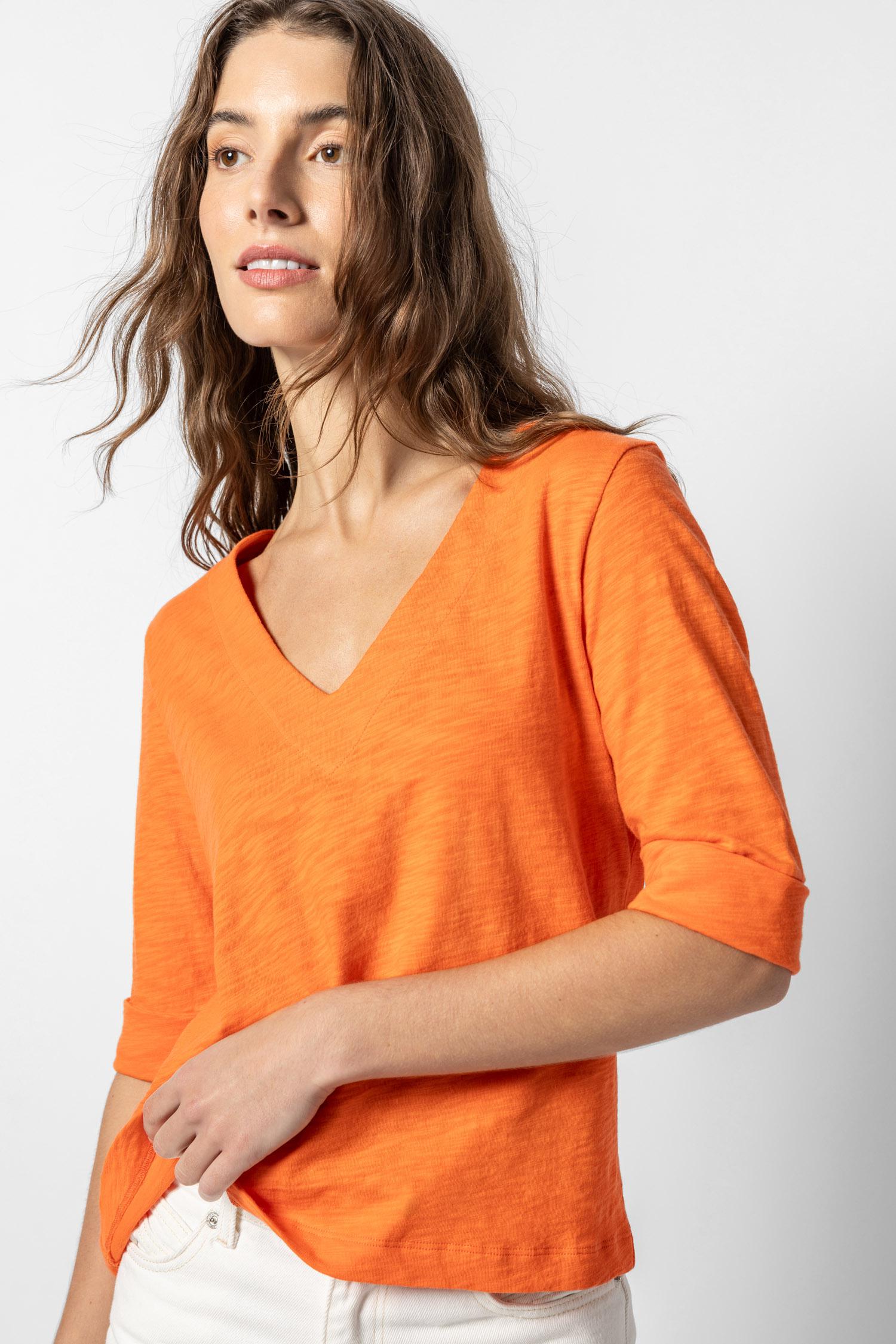 Cuffed Elbow Sleeve V-Neck Womens Top Tangelo A1