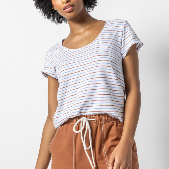 Striped Scoop Neck Tee Womens Top Burnt Sienna / Harbor A1