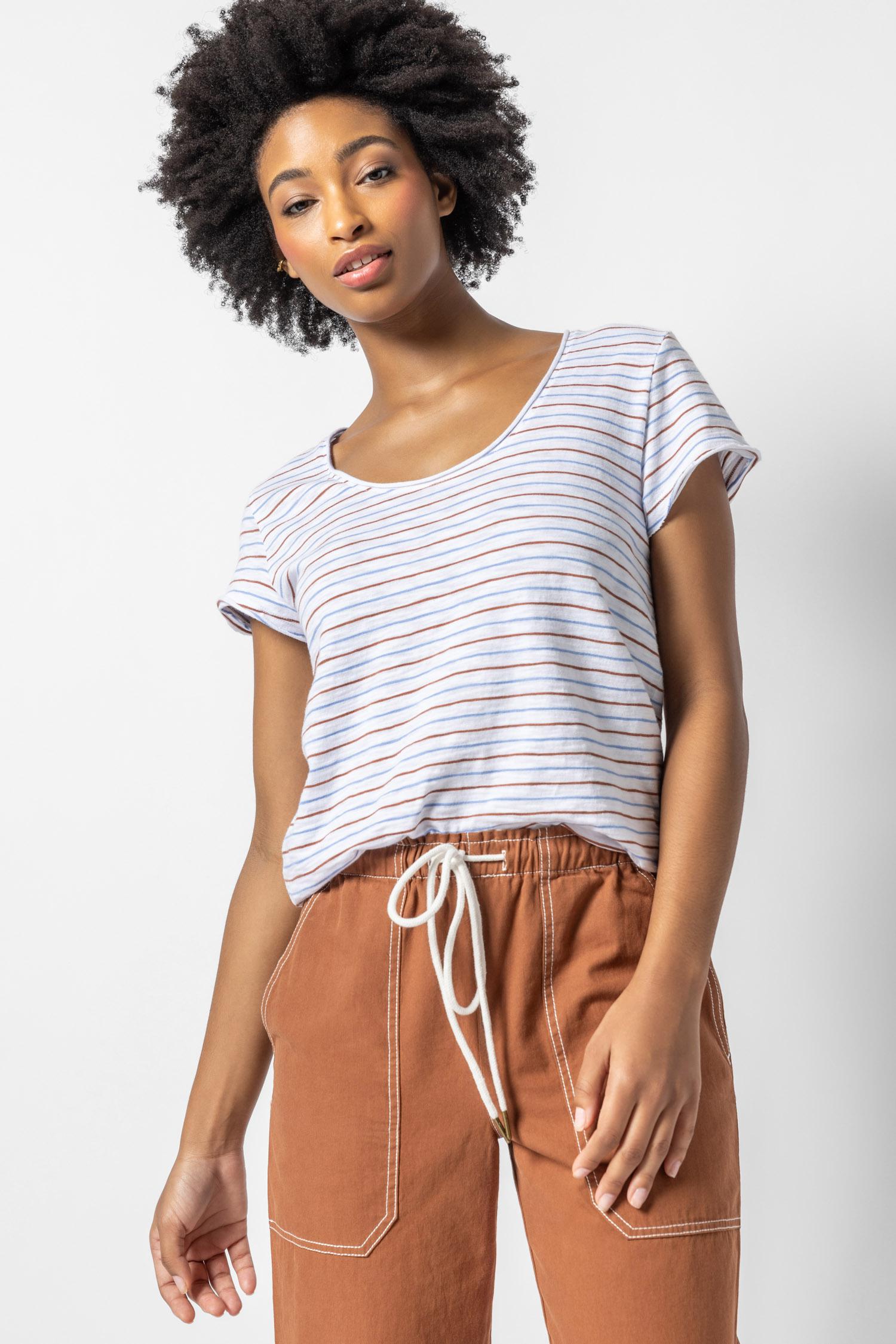 Striped Scoop Neck Tee Womens Top Burnt Sienna / Harbor A1