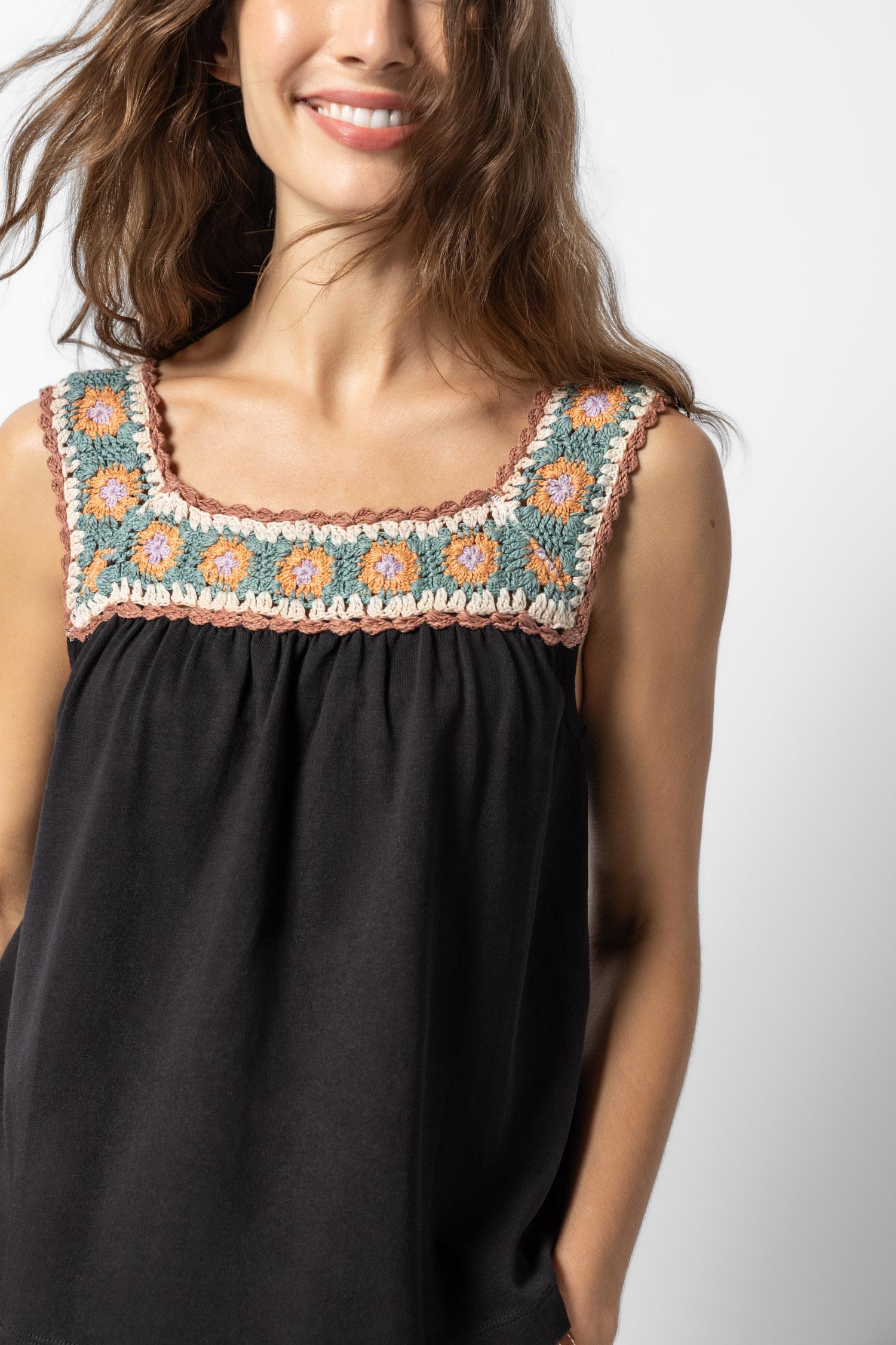 Crochet Trim Tank Womens Top Black Multi A1