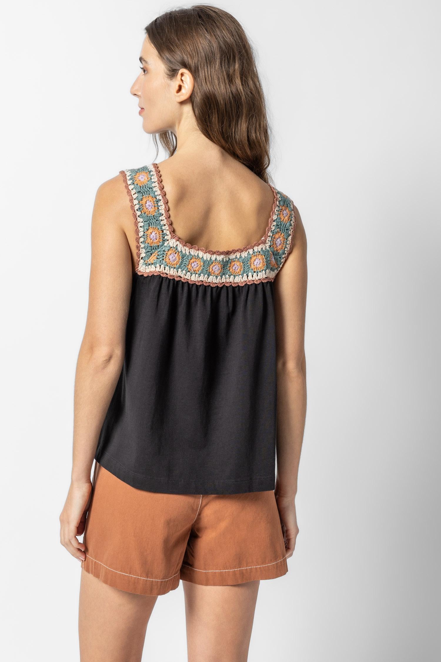 Crochet Trim Tank Womens Top Black Multi A3