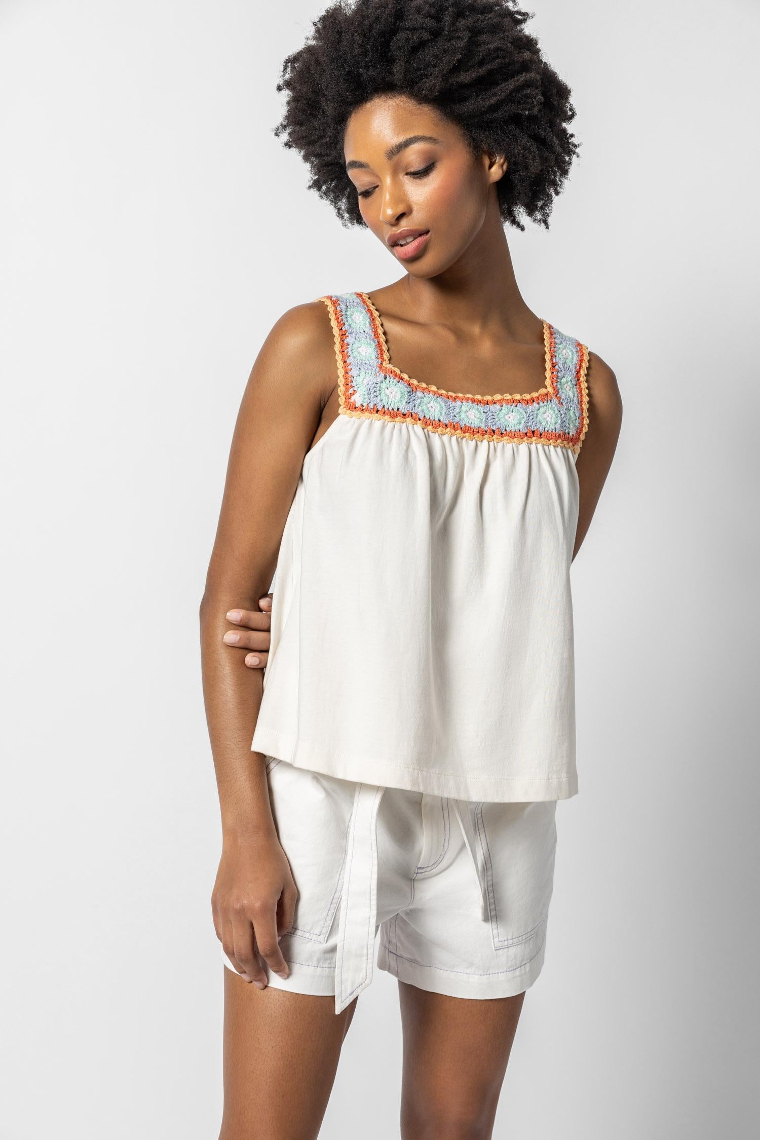 Crochet Trim Tank Womens Top White Multi A1