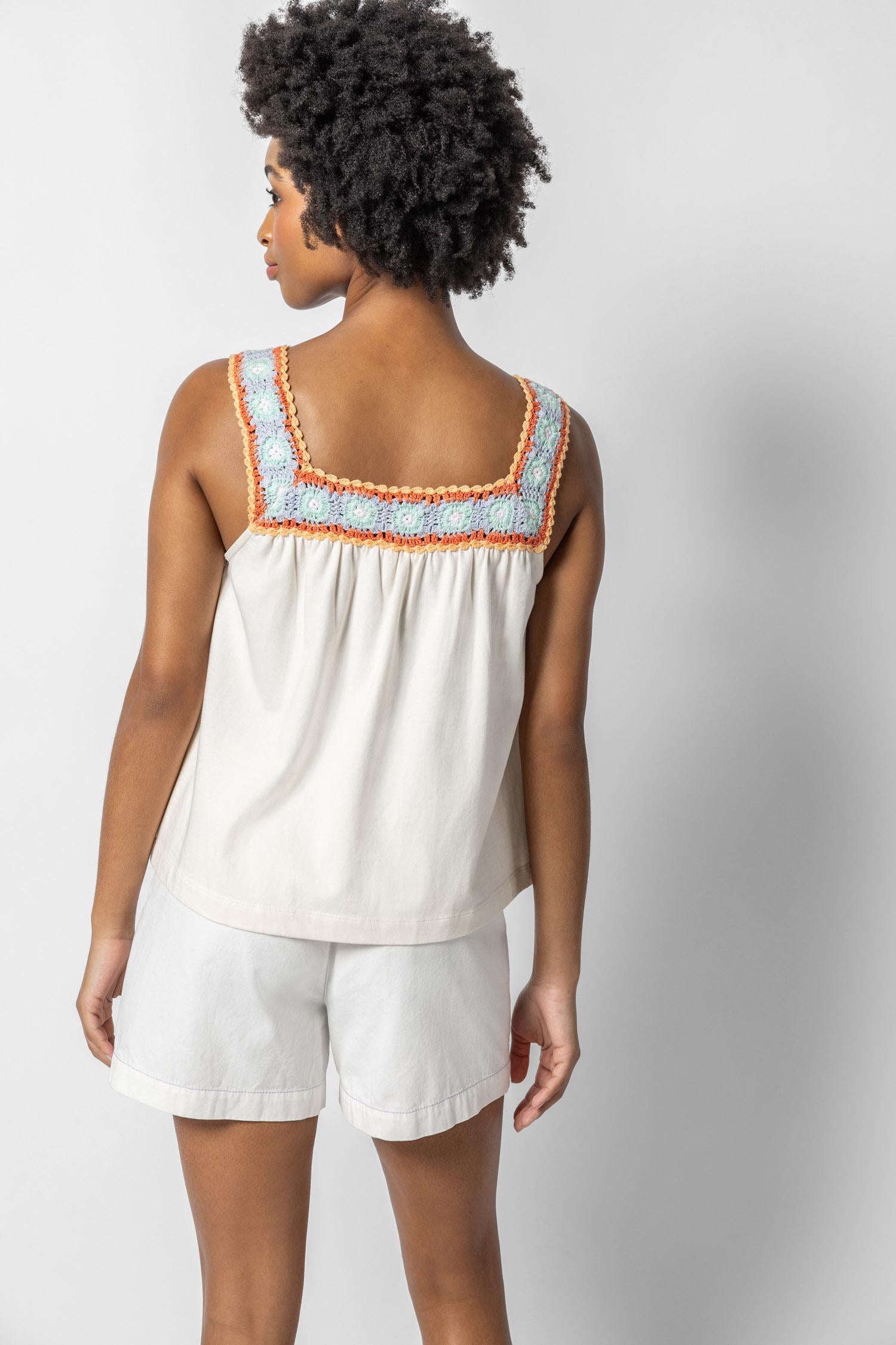 Crochet Trim Tank Womens Top White Multi A3