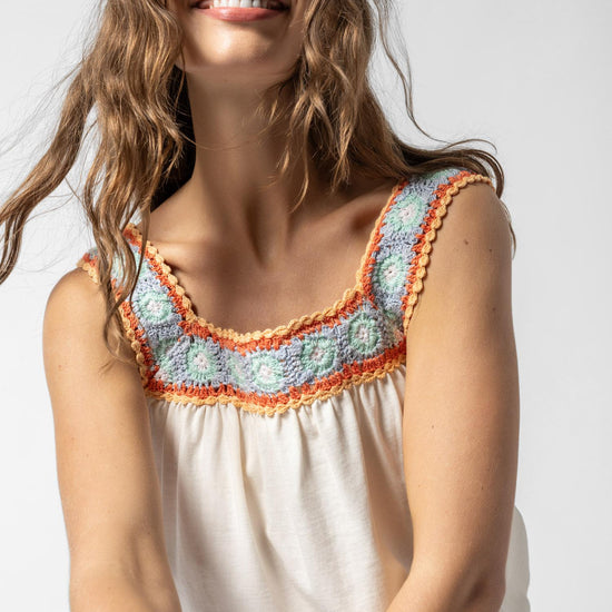 Crochet Trim Tank Womens Top White Multi A5