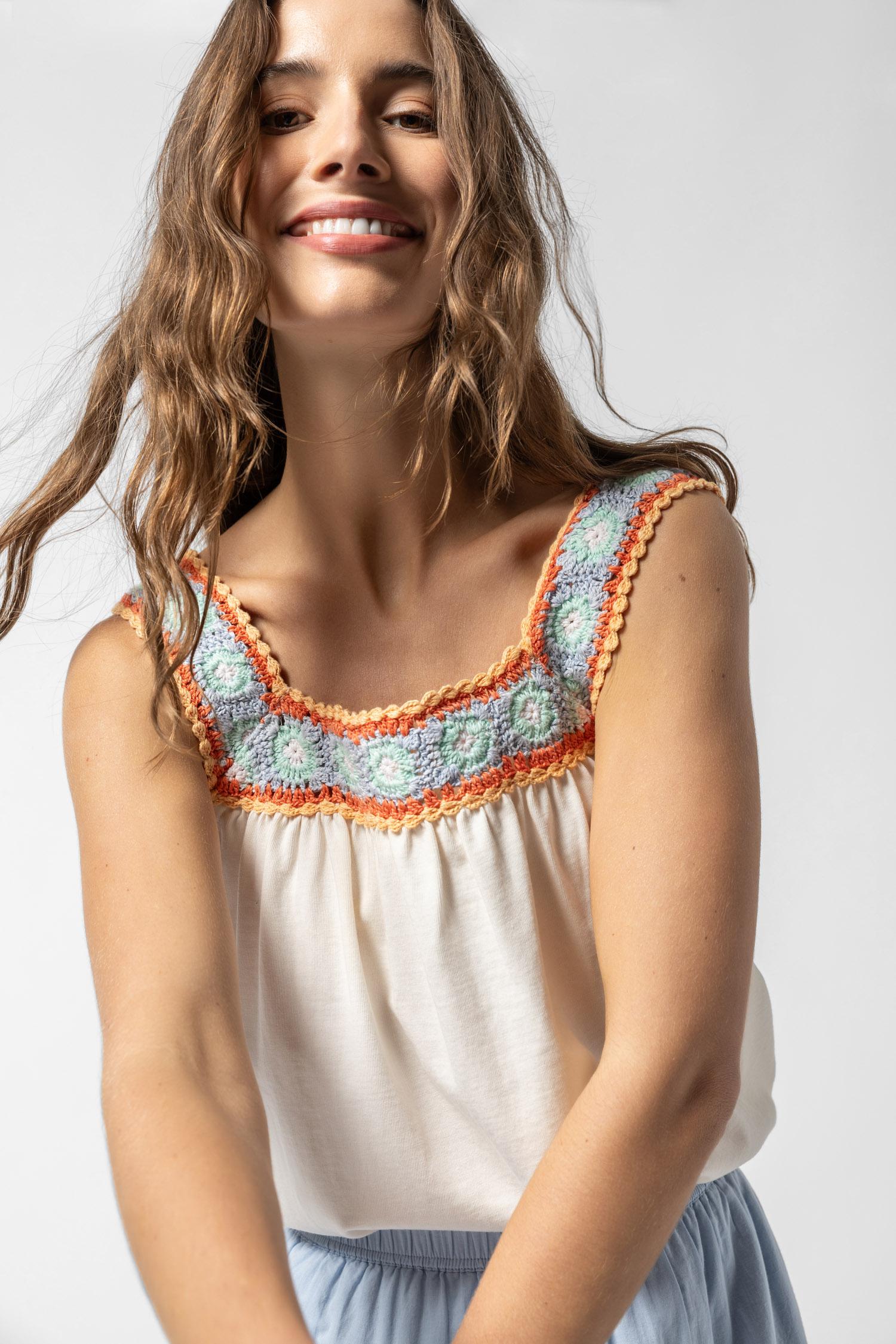 Crochet Trim Tank Womens Top White Multi A5