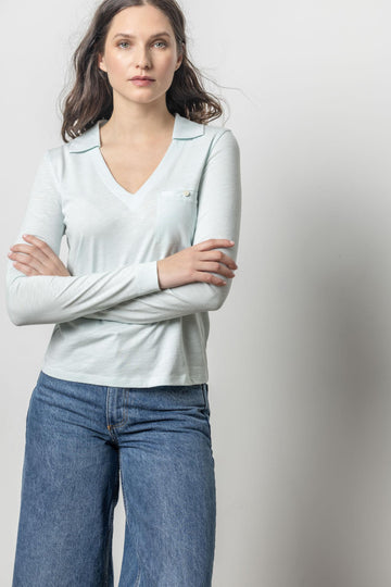 Long Sleeve Collared V-Neck in color Crystal Image A1