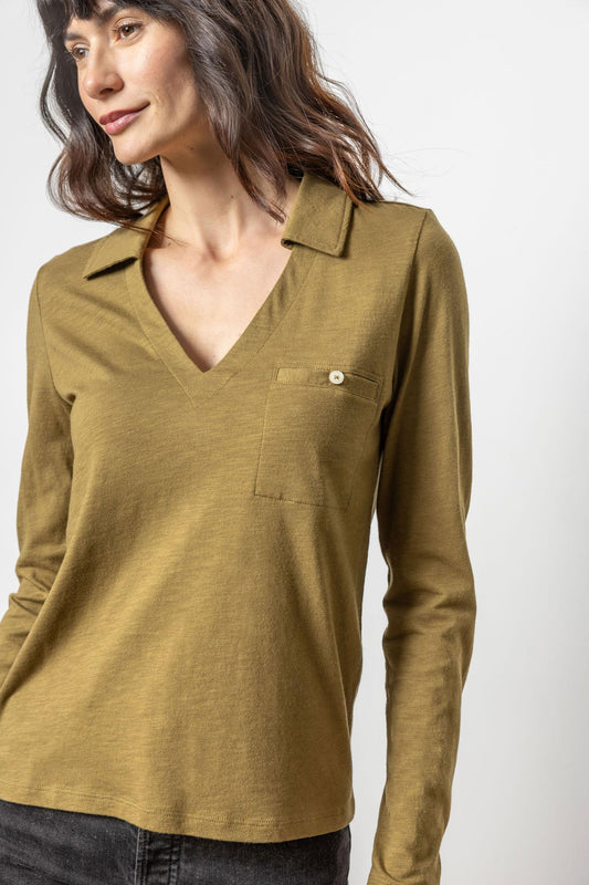 Long Sleeve Collared V-Neck Womens Top Fennel A1