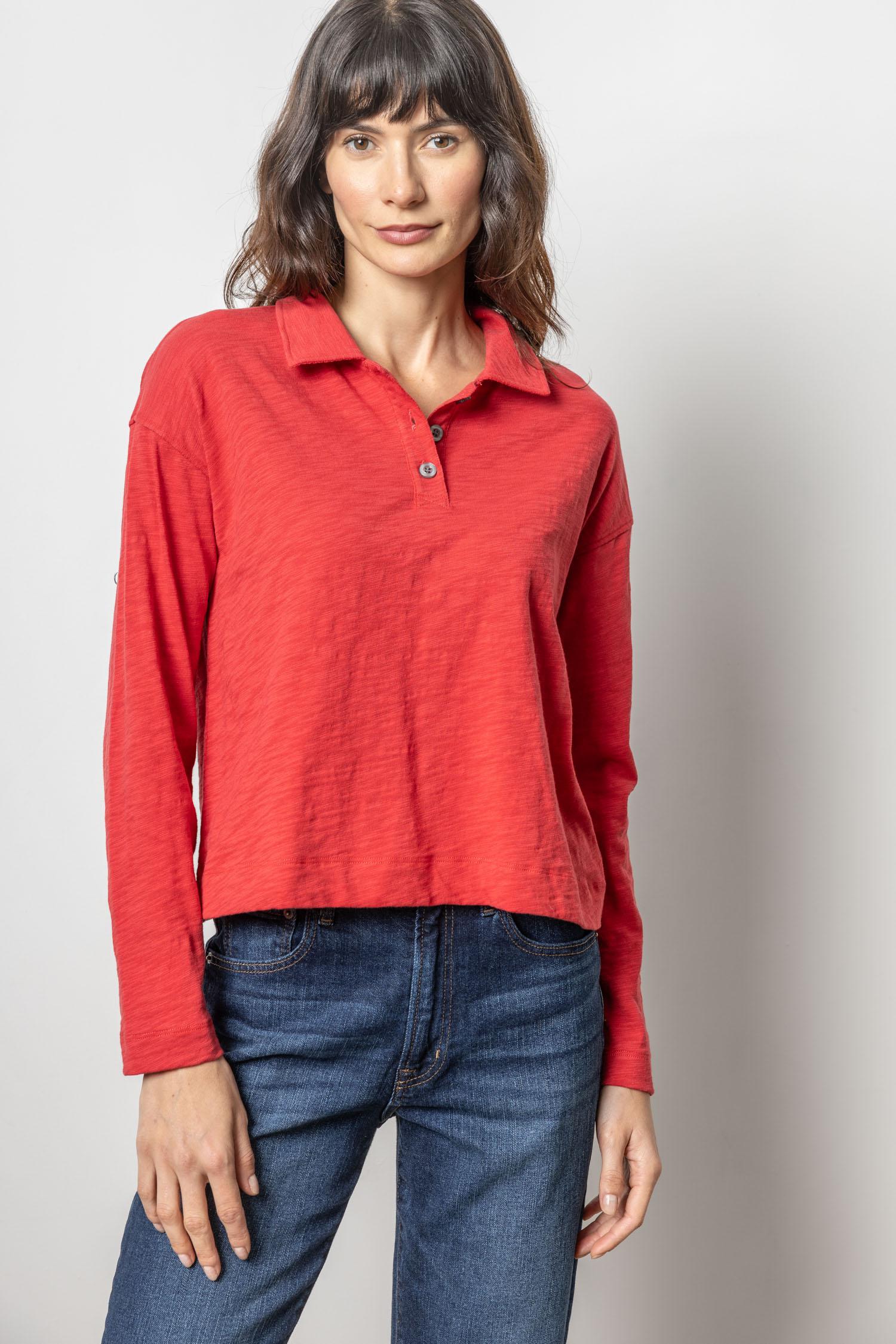 Long Sleeve Drop Shoulder Polo Womens Top Cinnabar A1