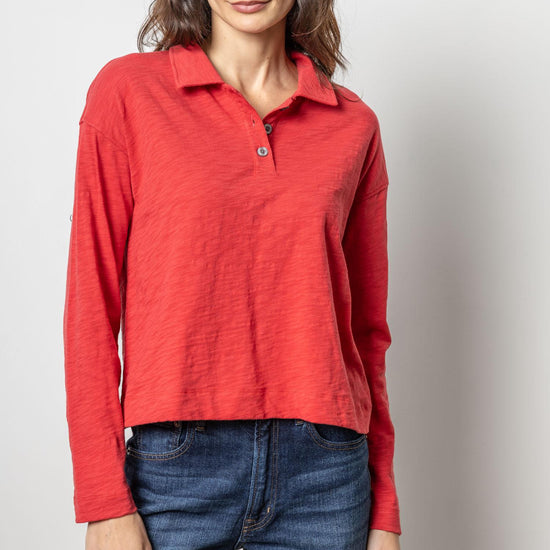 Long Sleeve Drop Shoulder Polo Womens Top Cinnabar A1