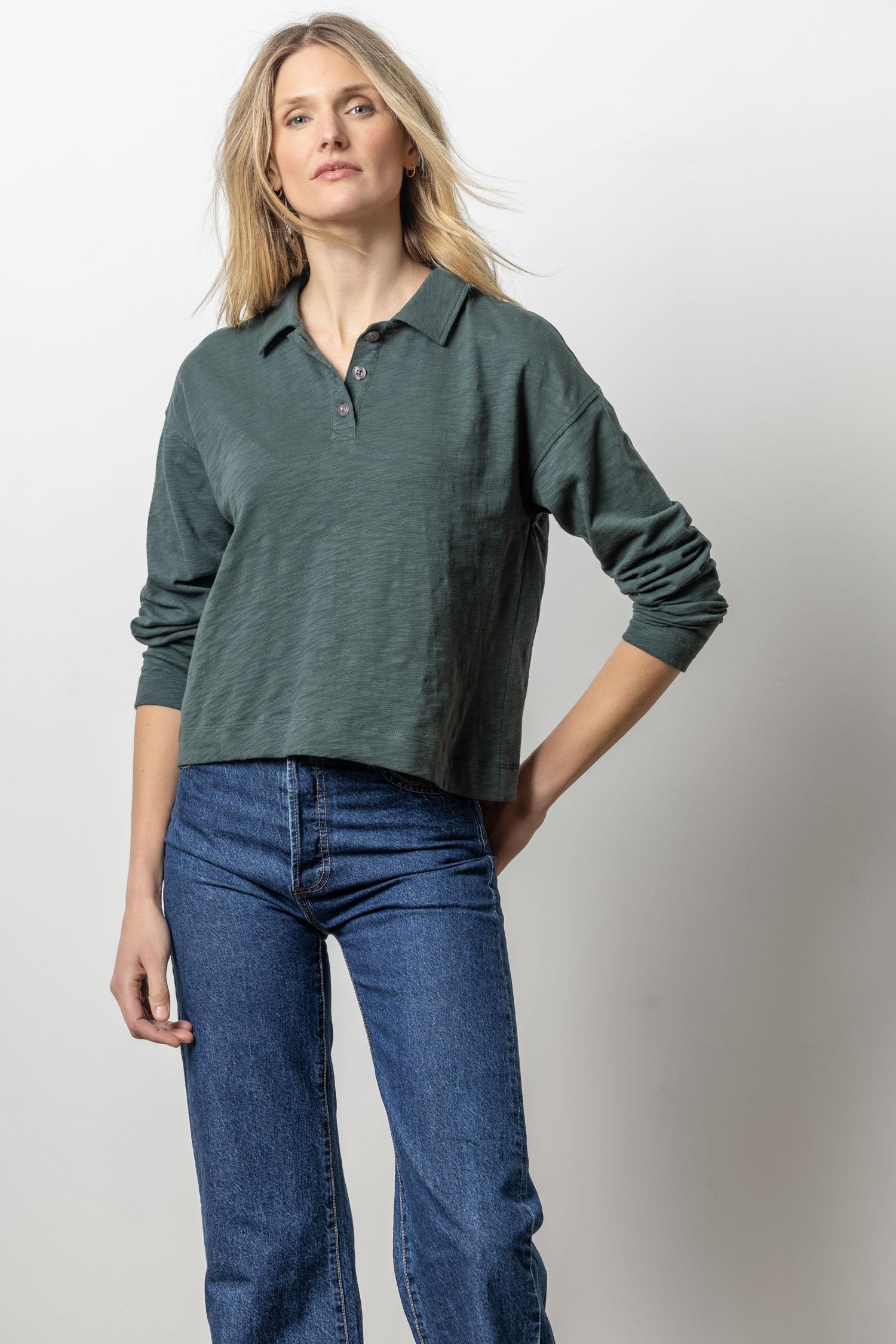 Long Sleeve Drop Shoulder Polo Womens Top Evergreen A1