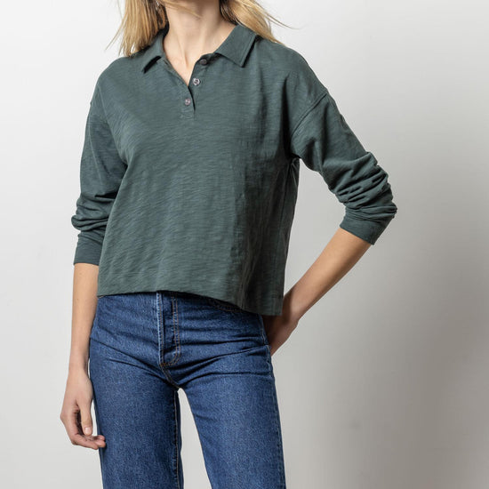 Long Sleeve Drop Shoulder Polo Womens Top Evergreen A1