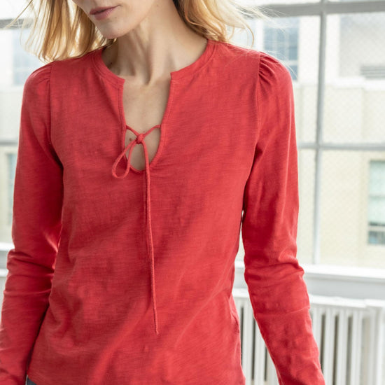 Tie Front Split Neck Tee Womens Top Cinnabar C1