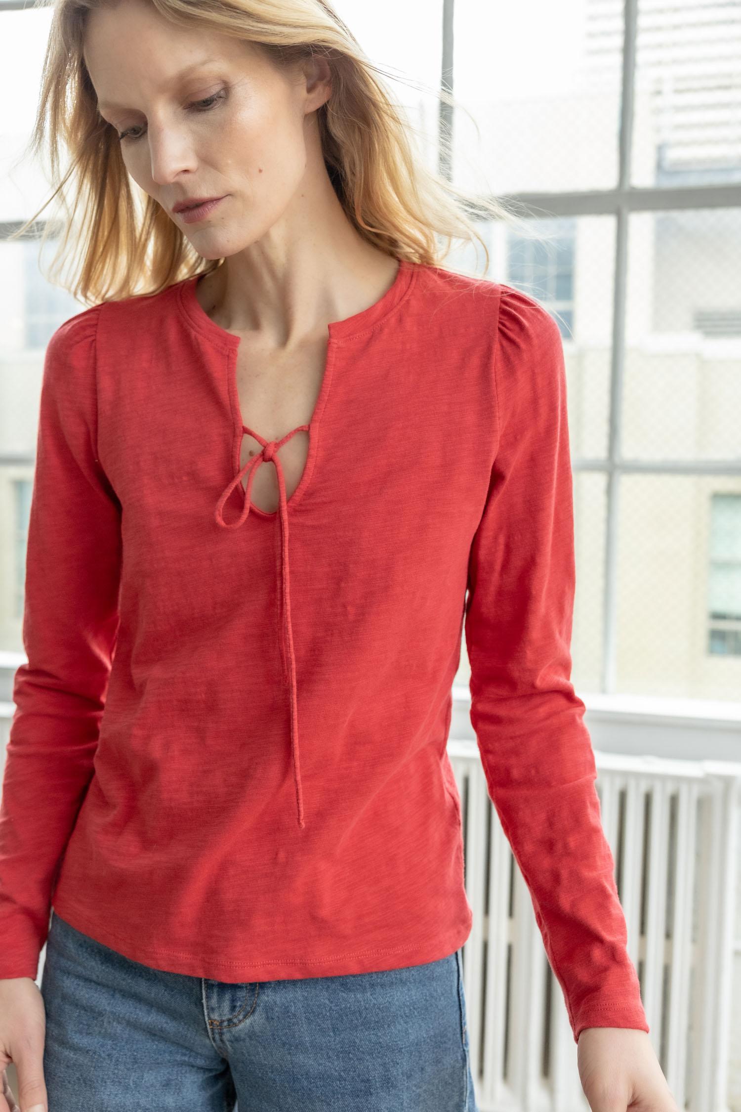 Tie Front Split Neck Tee Womens Top Cinnabar C1