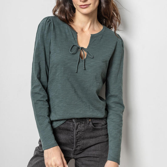 Tie Front Split Neck Tee Womens Top Evergreen A3