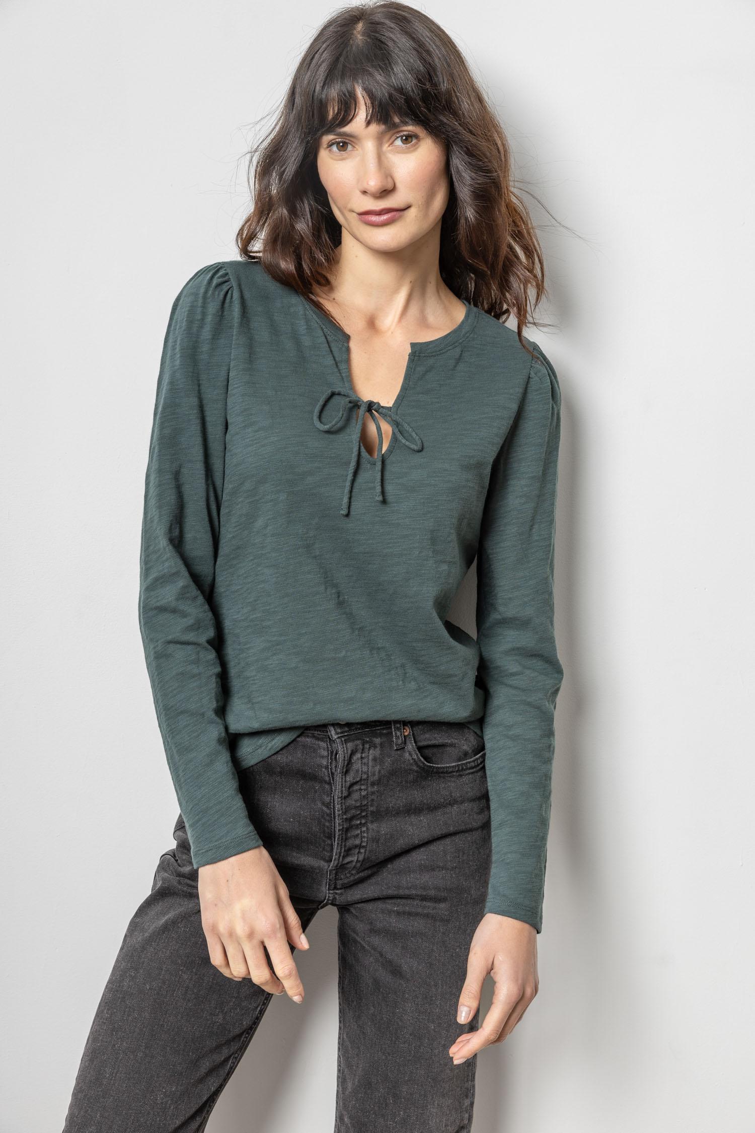 Tie Front Split Neck Tee Womens Top Evergreen A3