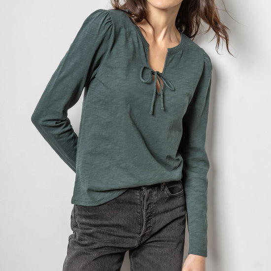 Tie Front Split Neck Tee Womens Top Evergreen A5