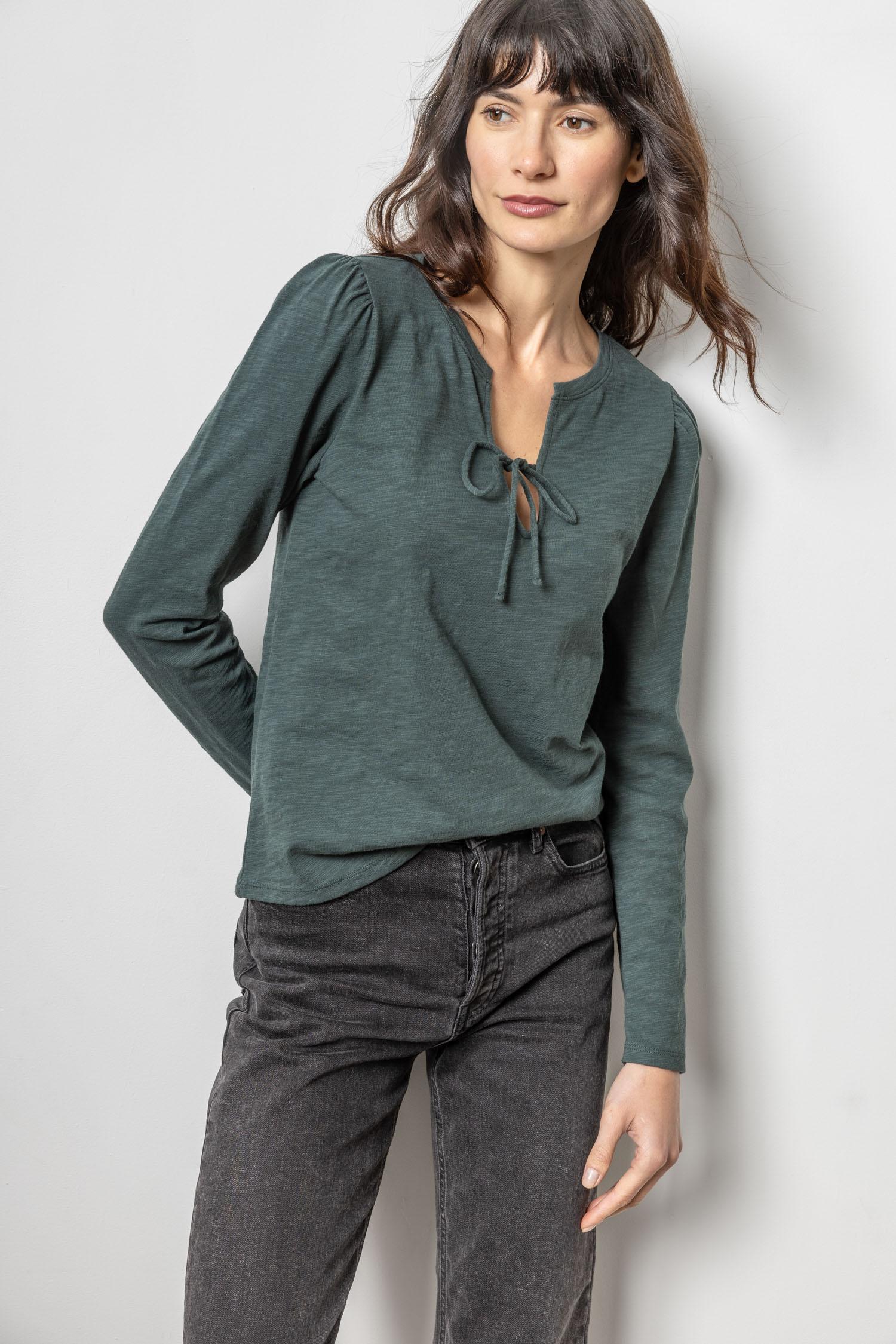 Tie Front Split Neck Tee Womens Top Evergreen A5