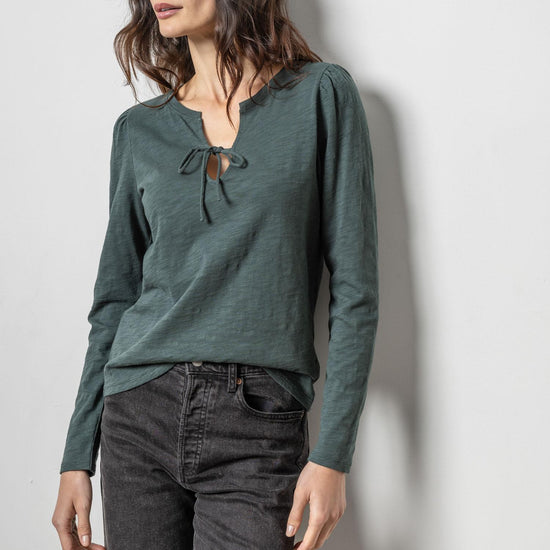 Tie Front Split Neck Tee Womens Top Evergreen A6