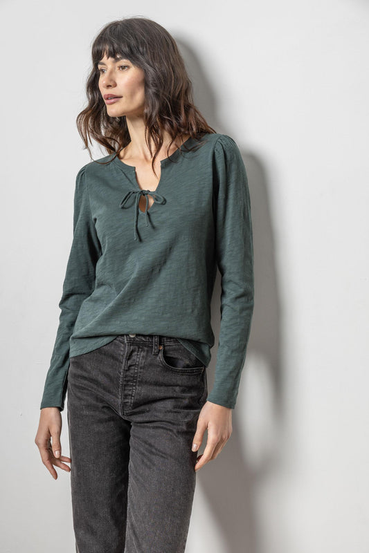 Tie Front Split Neck Tee Womens Top Evergreen A6