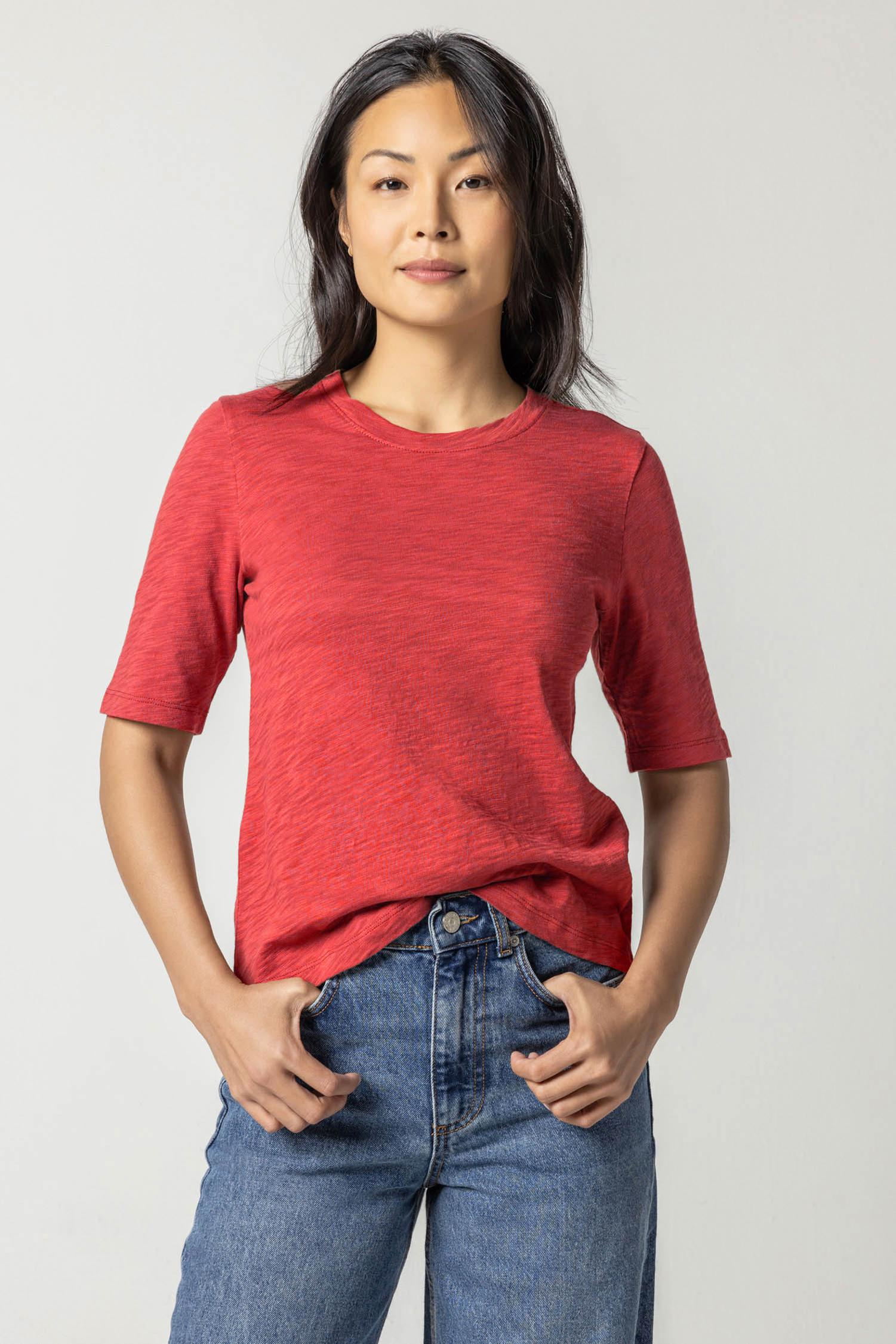 Elbow Sleeve Crewneck Womens Top Cinnabar A1