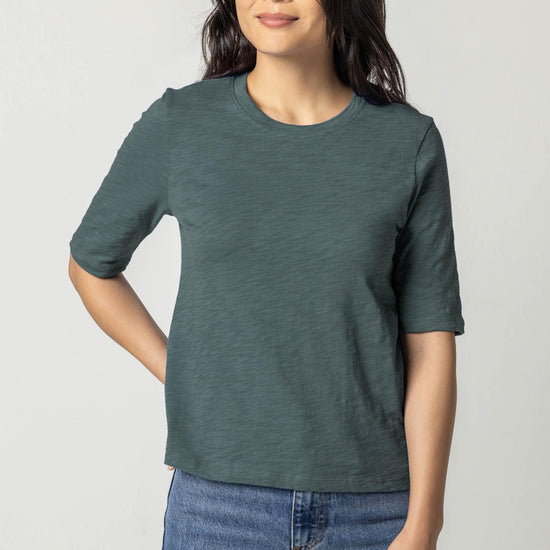 Elbow Sleeve Crewneck Womens Top Evergreen A1