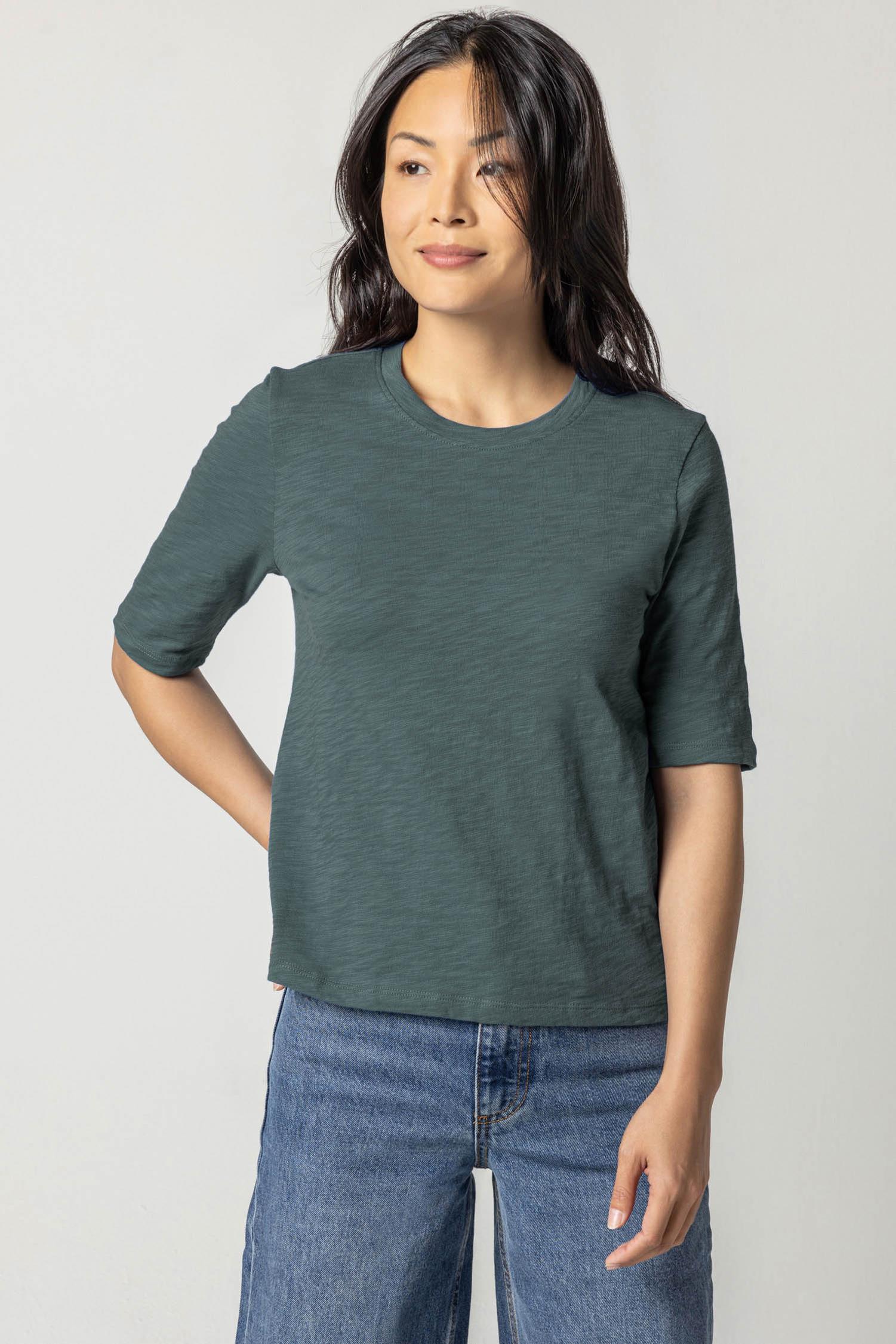 Elbow Sleeve Crewneck Womens Top Evergreen A1