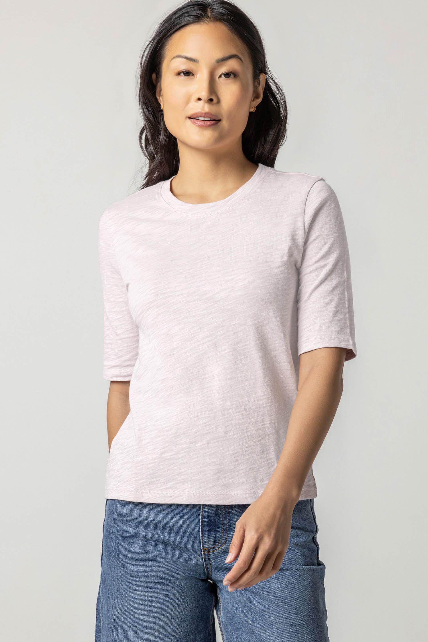 Elbow Sleeve Crewneck Womens Top Soft Orchid A1