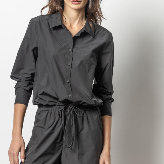 Nylon Drawstring Button Down Womens Top Jet Black A1