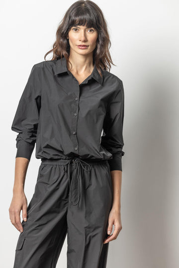 Nylon Drawstring Button Down Womens Top Jet Black A1