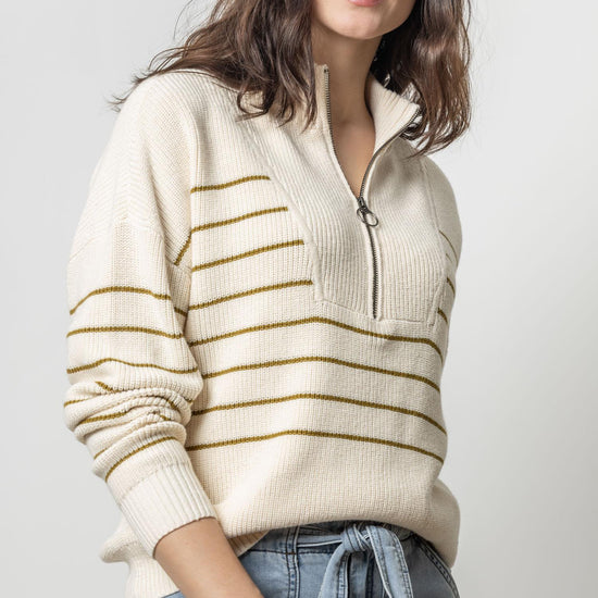 Striped Zip Front Sweater Womens Sweater Cream Stripe A1