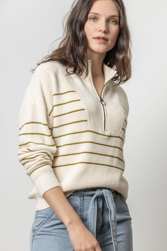 Striped Zip Front Sweater Womens Sweater Cream Stripe A1