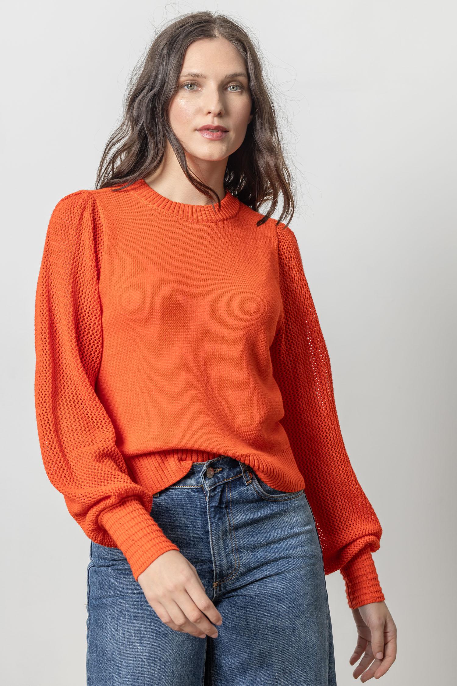 Pointelle Sleeve Crewneck Sweater Womens Sweater Persimmon A1