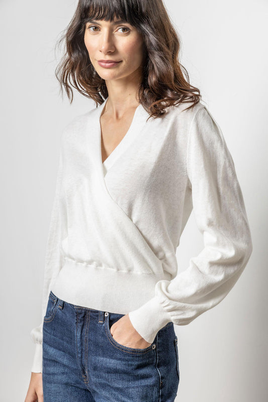 Long Sleeve Surplice Sweater Womens Sweater Antique White A1