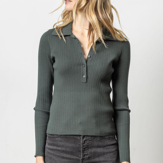 Polo Collar Henley Sweater Womens Sweater Loden A1