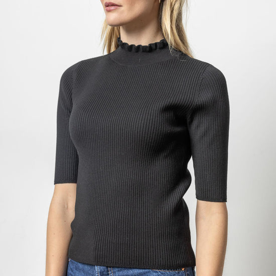 Ruffle Mock Neck Sweater Womens Sweater Black A1